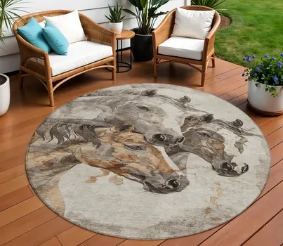 8' Beige And Gray Round Horse Washable Indoor Outdoor Area Rug