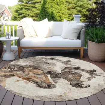 8' Beige And Gray Round Horse Washable Indoor Outdoor Area Rug