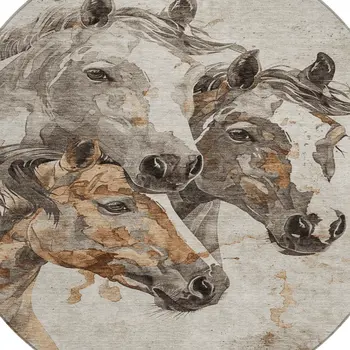 8' Beige And Gray Round Horse Washable Indoor Outdoor Area Rug