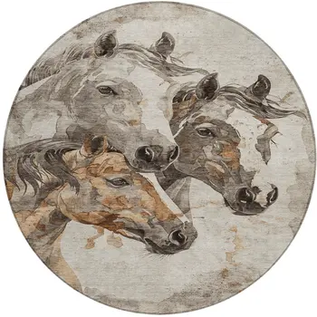 8' Beige And Gray Round Horse Washable Indoor Outdoor Area Rug