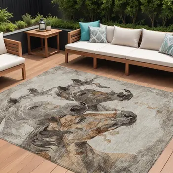 8' X 10' Beige And Gray Horse Washable Indoor Outdoor Area Rug