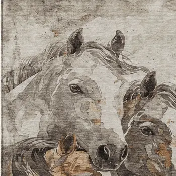 8' X 10' Beige And Gray Horse Washable Indoor Outdoor Area Rug