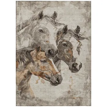 9' X 12' Beige And Gray Horse Washable Indoor Outdoor Area Rug