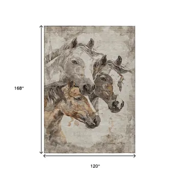 10' X 14' Beige And Gray Horse Washable Indoor Outdoor Area Rug