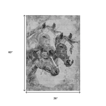 3' X 5' Gray And Silver Horse Washable Indoor Outdoor Area Rug