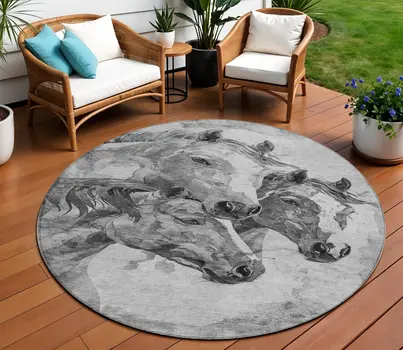8' Gray And Silver Round Horse Washable Indoor Outdoor Area Rug
