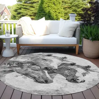 8' Gray And Silver Round Horse Washable Indoor Outdoor Area Rug
