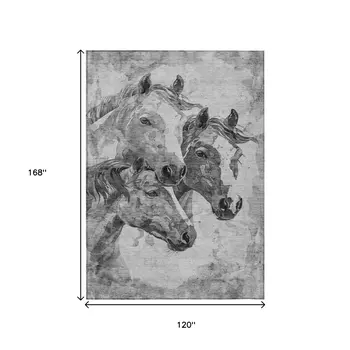 10' X 14' Gray And Silver Horse Washable Indoor Outdoor Area Rug