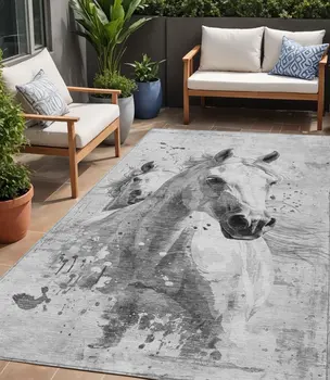 5' X 8' Gray And Silver Horse Washable Indoor Outdoor Area Rug