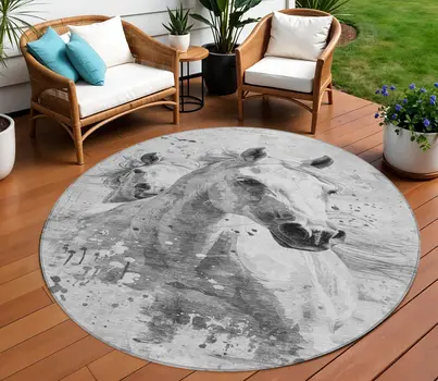 8' Gray And Silver Round Horse Washable Indoor Outdoor Area Rug