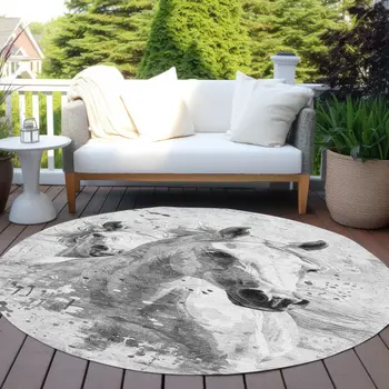 8' Gray And Silver Round Horse Washable Indoor Outdoor Area Rug