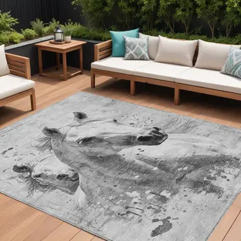 9' X 12' Gray And Silver Horse Washable Indoor Outdoor Area Rug