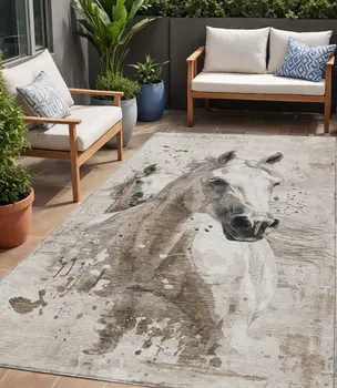 5' X 8' Ivory And Gray Horse Washable Indoor Outdoor Area Rug