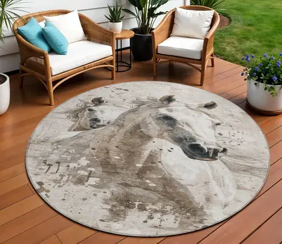 8' Ivory And Gray Round Horse Washable Indoor Outdoor Area Rug