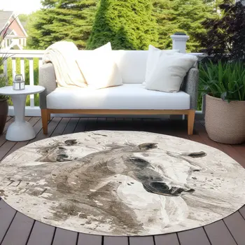 8' Ivory And Gray Round Horse Washable Indoor Outdoor Area Rug