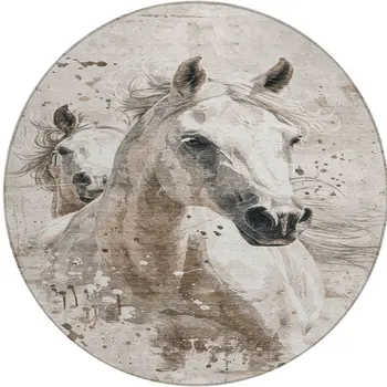 8' Ivory And Gray Round Horse Washable Indoor Outdoor Area Rug