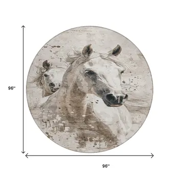 8' Ivory And Gray Round Horse Washable Indoor Outdoor Area Rug