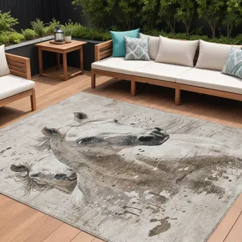 8' X 10' Ivory And Gray Horse Washable Indoor Outdoor Area Rug