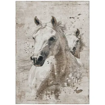 10' X 14' Ivory And Gray Horse Washable Indoor Outdoor Area Rug