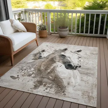 10' X 14' Ivory And Gray Horse Washable Indoor Outdoor Area Rug