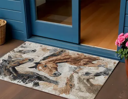 3' X 5' Beige Charcoal And Brown Horse Washable Indoor Outdoor Area Rug
