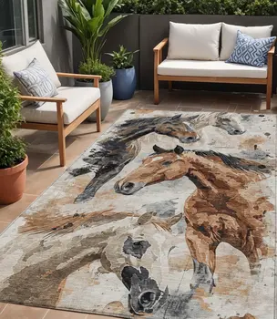 5' X 8' Beige Charcoal And Brown Horse Washable Indoor Outdoor Area Rug