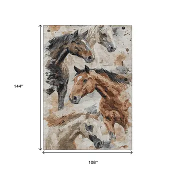 9' X 12' Beige Charcoal And Brown Horse Washable Indoor Outdoor Area Rug
