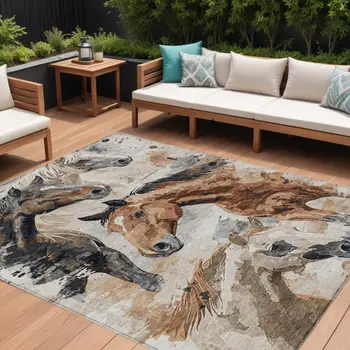 9' X 12' Beige Charcoal And Brown Horse Washable Indoor Outdoor Area Rug