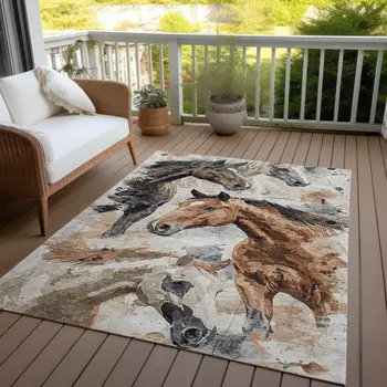 10' X 14' Beige Charcoal And Brown Horse Washable Indoor Outdoor Area Rug