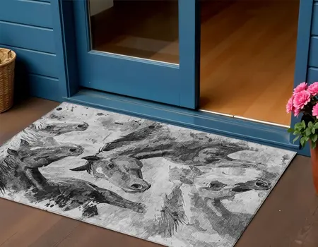 3' X 5' Gray And Silver Horse Washable Indoor Outdoor Area Rug