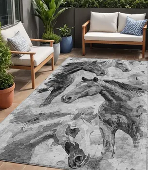 5' X 8' Gray And Silver Horse Washable Indoor Outdoor Area Rug