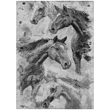 5' X 8' Gray And Silver Horse Washable Indoor Outdoor Area Rug