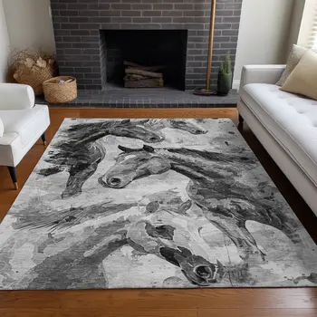 5' X 8' Gray And Silver Horse Washable Indoor Outdoor Area Rug