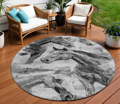 8' Gray And Silver Round Horse Washable Indoor Outdoor Area Rug