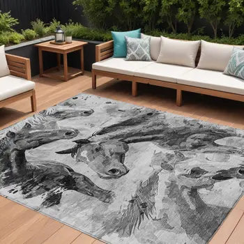 9' X 12' Gray And Silver Horse Washable Indoor Outdoor Area Rug