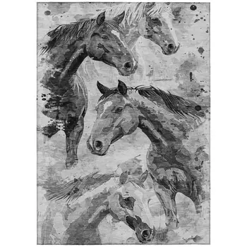 10' X 14' Gray And Silver Horse Washable Indoor Outdoor Area Rug