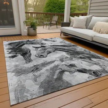 10' X 14' Gray And Silver Horse Washable Indoor Outdoor Area Rug