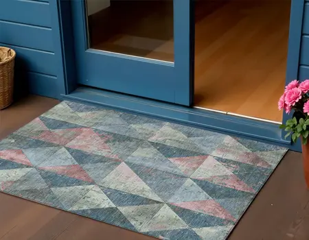 3' X 5' Denim Blue And Blush Geometric Washable Indoor Outdoor Area Rug
