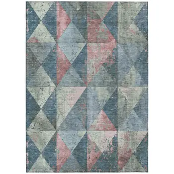 5' X 8' Denim Blue And Blush Geometric Washable Indoor Outdoor Area Rug