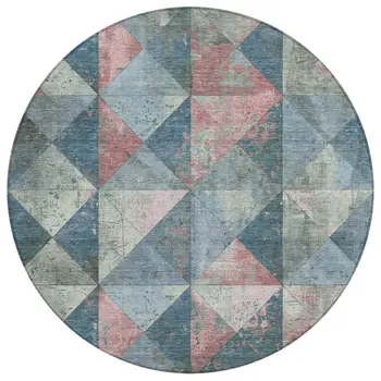 8' Denim Blue And Blush Round Geometric Washable Indoor Outdoor Area Rug