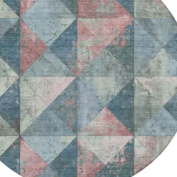 8' Denim Blue And Blush Round Geometric Washable Indoor Outdoor Area Rug