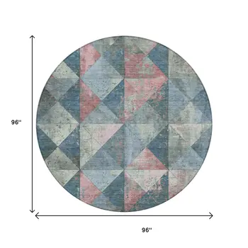 8' Denim Blue And Blush Round Geometric Washable Indoor Outdoor Area Rug