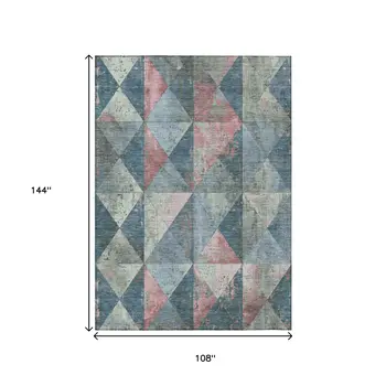 9' X 12' Denim Blue And Blush Geometric Washable Indoor Outdoor Area Rug