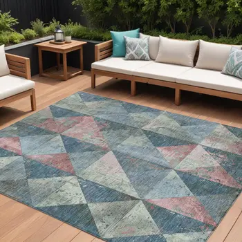 9' X 12' Denim Blue And Blush Geometric Washable Indoor Outdoor Area Rug