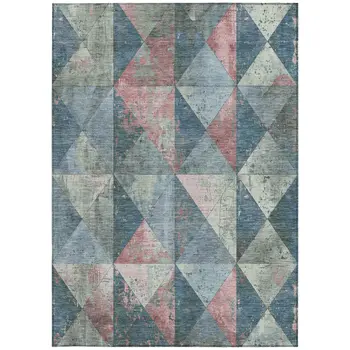 10' X 14' Denim Blue And Blush Geometric Washable Indoor Outdoor Area Rug