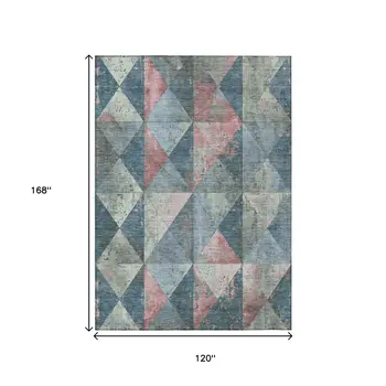 10' X 14' Denim Blue And Blush Geometric Washable Indoor Outdoor Area Rug