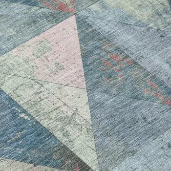 10' X 14' Denim Blue And Blush Geometric Washable Indoor Outdoor Area Rug