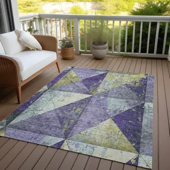 3' X 5' Eggplant And Gold Geometric Washable Indoor Outdoor Area Rug