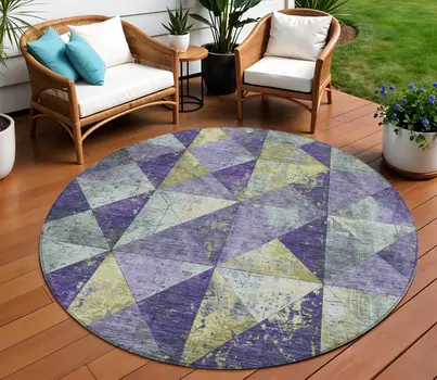 8' Eggplant And Gold Round Geometric Washable Indoor Outdoor Area Rug