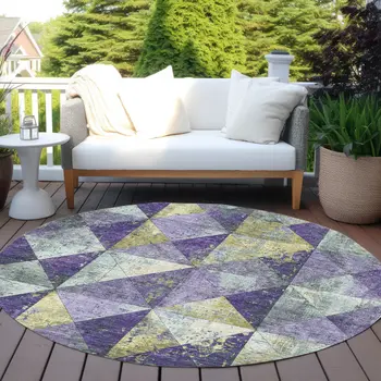 8' Eggplant And Gold Round Geometric Washable Indoor Outdoor Area Rug